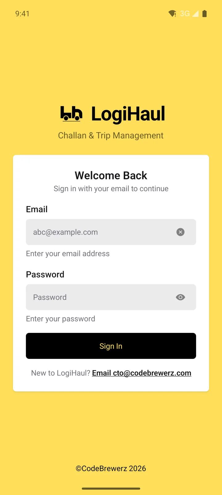 LogiHaul Android app: sign in screen. Drivers and admins sign in with their work email.