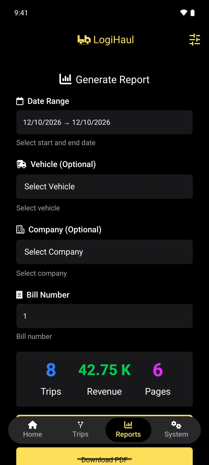 LogiHaul Android app: reports screen. Pick a date range, vehicle or company and generate the PDF bill. Dark theme.
