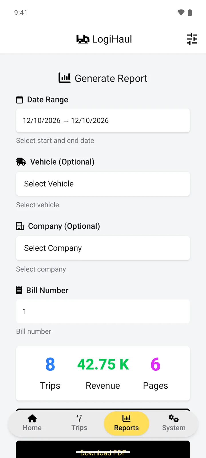 LogiHaul Android app: reports screen. Pick a date range, vehicle or company and generate the PDF bill. Light theme.