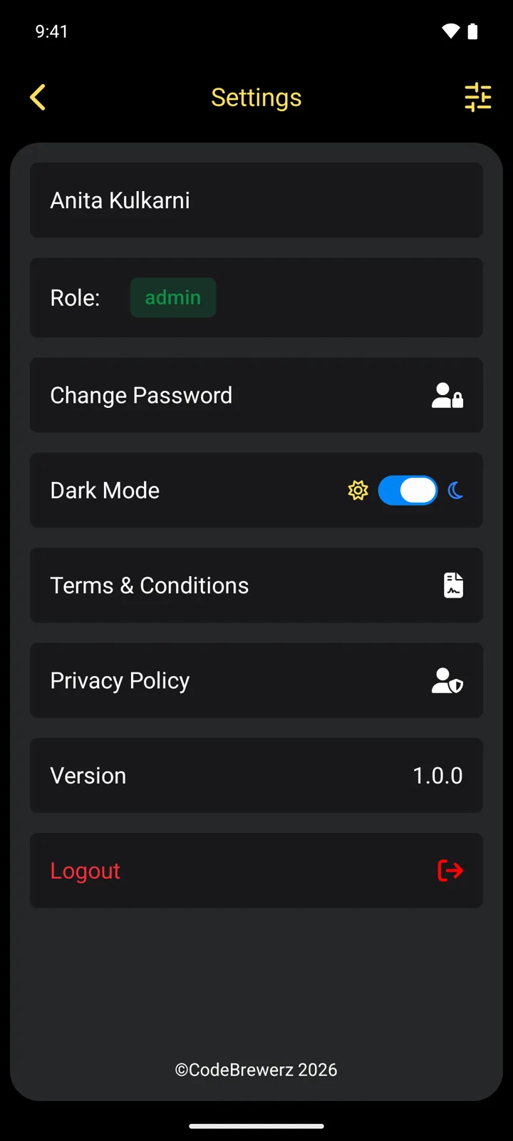 LogiHaul Android app: settings screen. Profile, password, dark mode and legal pages. Dark theme.