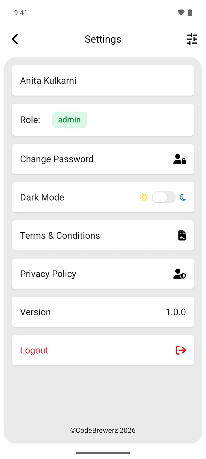 LogiHaul Android app: settings screen. Profile, password, dark mode and legal pages. Light theme.