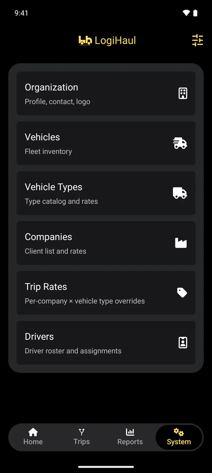 LogiHaul Android app: fleet setup screen. Organisation, vehicles, vehicle types, companies, trip rates and drivers. Dark theme.