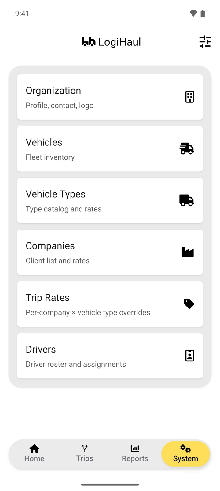LogiHaul Android app: fleet setup screen. Organisation, vehicles, vehicle types, companies, trip rates and drivers. Light theme.