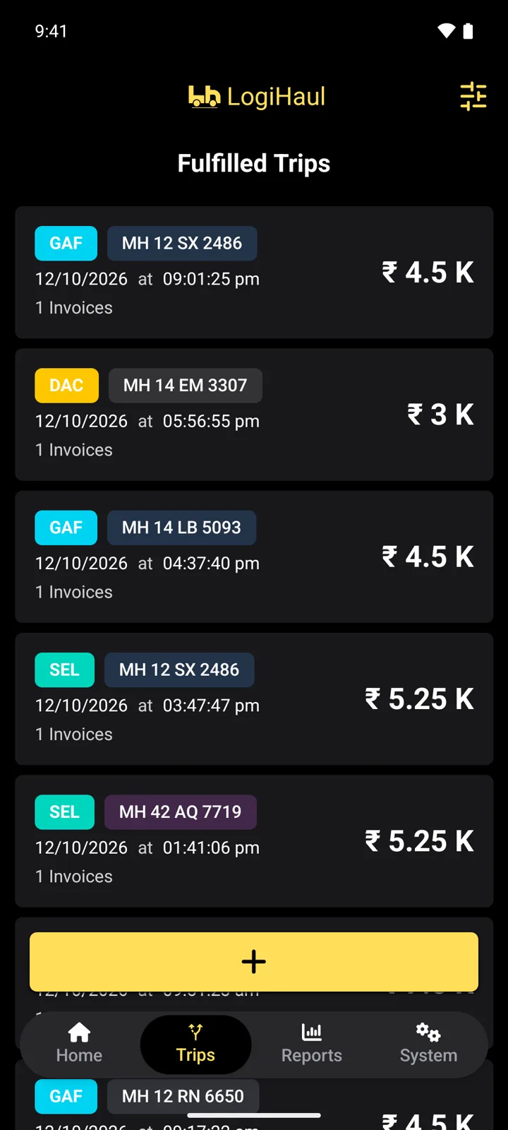 LogiHaul Android app: trips screen. Every trip with its vehicle, company code, invoices and amount. Dark theme.