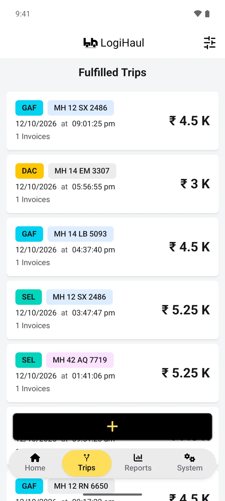 LogiHaul Android app: trips screen. Every trip with its vehicle, company code, invoices and amount. Light theme.